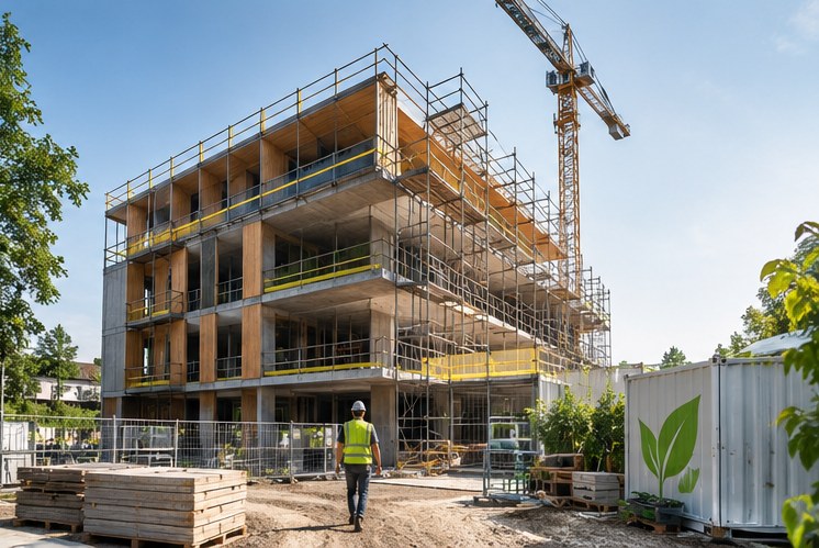 A building under construction with scaffolding and a crane