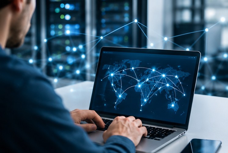 Someone working on a laptop with a network map on screen