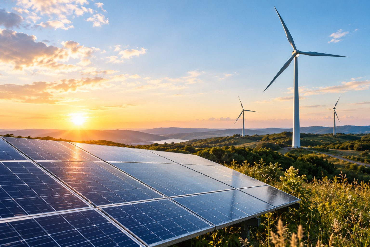 Solar panels and wind turbines at sunrise
