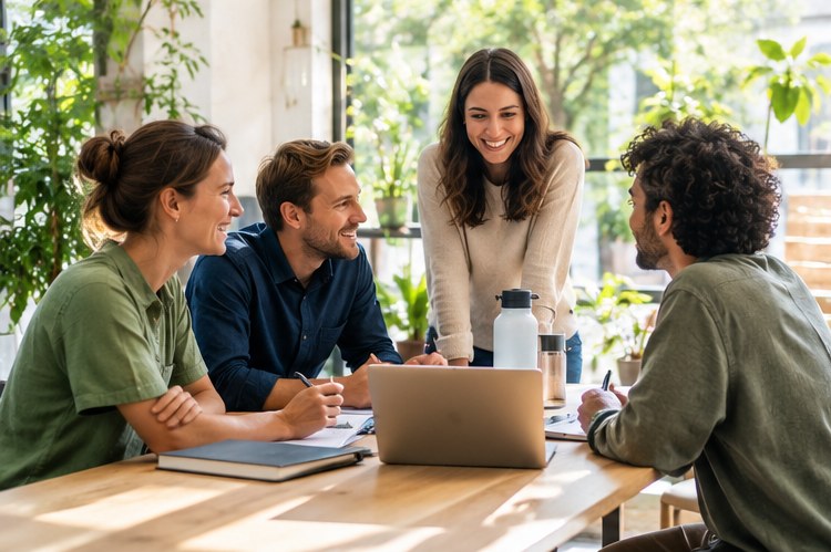 A team working on plans together at a table